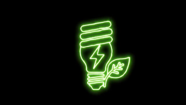 A glowing green neon sign of a lightbulb with a leaf representing sustainable energy and conservation