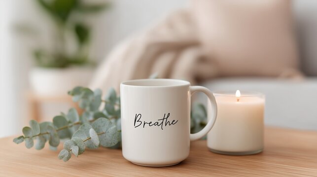 White ceramic mug with word Breathe near lit candle and eucalyptus branch, calm home routine concept. Soft living room blur and wood table for lifestyle and product branding