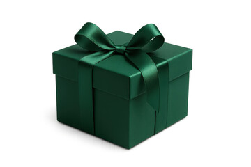 Obraz premium Elegant emerald green gift box with satin ribbon isolated on transparent background