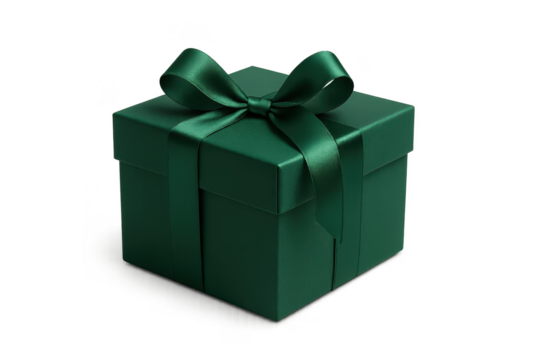 Elegant emerald green gift box with satin ribbon isolated on transparent background