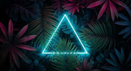 Illustration of neon triangle in tropical leaves, creating a vibrant and modern background