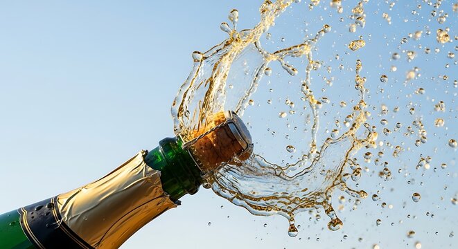 Illustration of champagne bottle with cork popping and spraying liquid against a blue sky