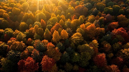 Stunning autumn forest canopy bathed in golden sunlight offers serene natural beauty