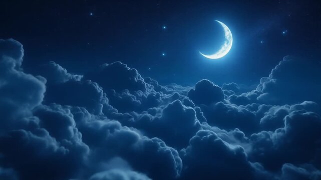 Moon shining over glowing clouds in dark blue night sky. 
Peaceful dreamy atmosphere