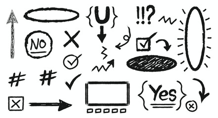 Red crayon doodle elements set. Hand-drawn chalk arrows, checks, underlines, and strike marks. Grunge marker sketch symbols and charcoal highlights. Vector illustration.