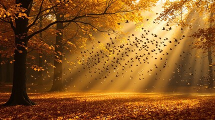 Stunning autumn forest with golden light and flock of birds creating a magical scene