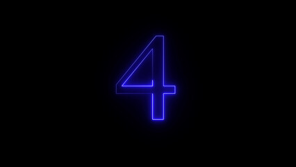 Fototapeta premium Vibrant electric blue neon number four glows brightly against a stark black background in a dark abstract futuristic setting