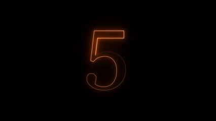 Glowing orange neon number five illuminated against a dark black background symbolizing counting or a countdown