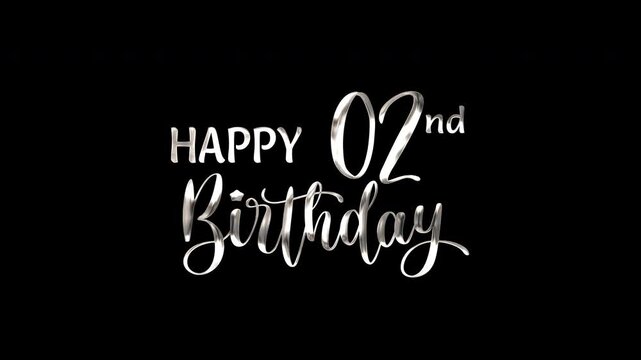 2nd happy birthday text animation in silver metallic effect. suitable for birthday celebrations, social media posts, and greeting cards. Includes alpha channel for any background.