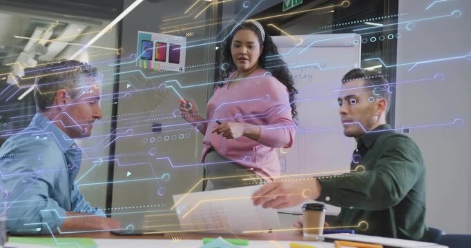 Woman pointing board and starting paper swap as team talking with tech overlay for business review - Powered by Adobe