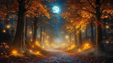 Enchanted autumn forest path with glowing mushrooms under a serene moonlit sky