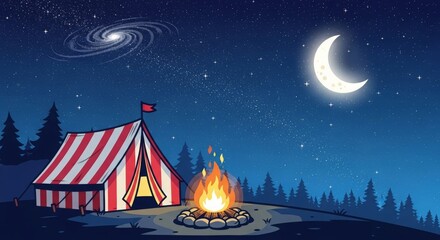 A striped camping tent and a bonfire under a beautiful night sky with a crescent moon and a spiral galaxy.