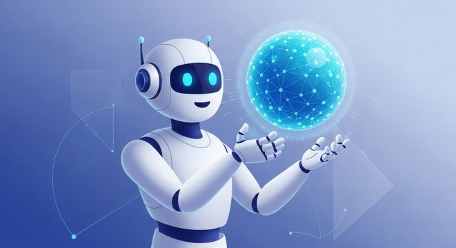 Futuristic white robot holding a glowing blue sphere representing artificial intelligence and data. - Powered by Adobe