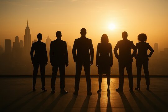 Business silhouettes over glowing skyline teamwork unity corporate ambition