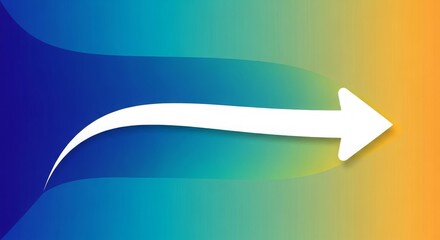 White curved arrow pointing right on a colorful gradient background of blue, green, and orange.