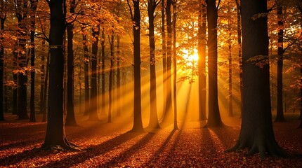 Stunning autumn forest bathed in golden sunlight creates a peaceful, vibrant atmosphere