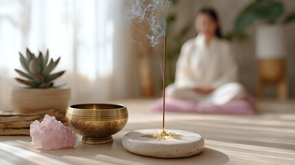 Burning Incense Stick with a Meditating Person in the Background / 瞑想する人を背景にしたお香