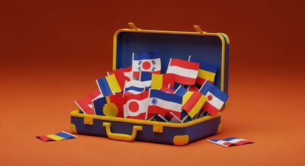 An open blue suitcase overflowing with a diverse collection of miniature world flags on a solid orange background.