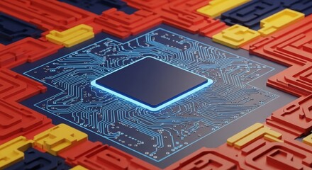 A glowing blue microprocessor sits on a complex circuit board with red and yellow components, symbolizing advanced technology and computing power.