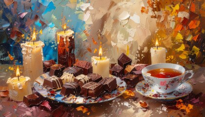 Still Life: Candlelit Evening Tea with Chocolate Candies, in impressionist oil painting style. Digital Art.