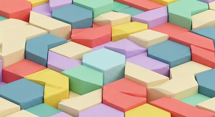 Colorful pastel geometric shapes and polygons creating an abstract 3D background pattern.