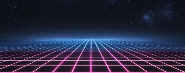 Nostalgic digital canvas featuring glowing grid lines fading into starry horizon with vibrant colors