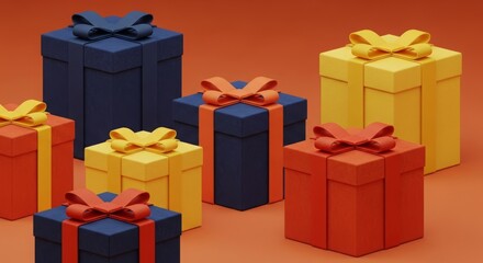 A collection of colorful red, yellow, and blue gift boxes with bows against a solid red background.