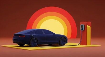 A modern electric car is plugged into a charging station against a stylized sunset background, representing sustainable energy and future mobility.