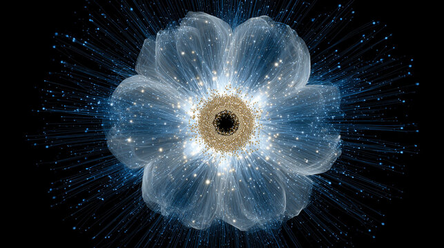 A quantum circuit blooms like a radiant flower of light, merging technology and organic beauty with glowing pathways and intricate luminous patterns.