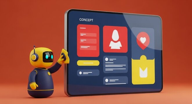 A cute yellow robot assistant presenting a user interface design concept on a large digital tablet screen.