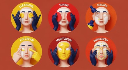 A colorful graphic illustration detailing a six-step facial skincare routine, including cleansing, toning, serum, eye cream, moisturizer, and sunscreen.
