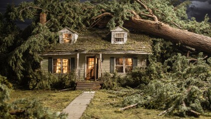 A small house is surrounded by fallen trees and debris, with a large tree trunk resting on the roof, creating a scene of destruction.