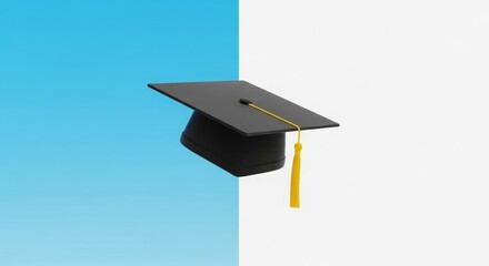 A black academic graduation cap with a golden tassel against a split blue and white background.
