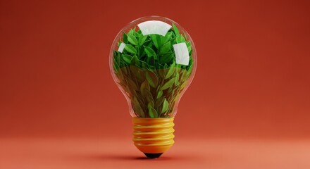 A conceptual image of a light bulb filled with fresh green leaves, symbolizing green energy, sustainability, and environmental ideas.