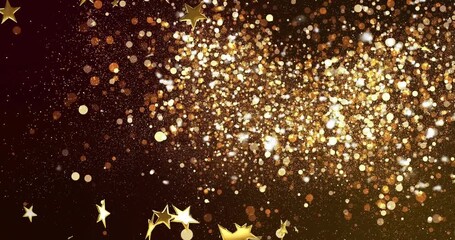 Center-right burst starting gold confetti cloud forming lighting stars drifting down adding sparkle - Powered by Adobe