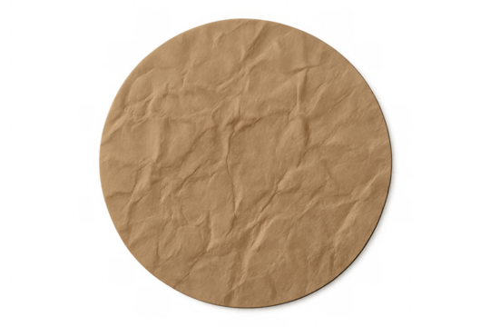 Crumpled brown kraft paper circle with textured surface for vintage design elements, a natural recycled blank background label