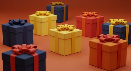 An assortment of colorful gift boxes with decorative bows arranged on a warm-toned surface.