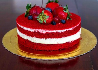 Delicious and beautiful red velvet cake with red berries.