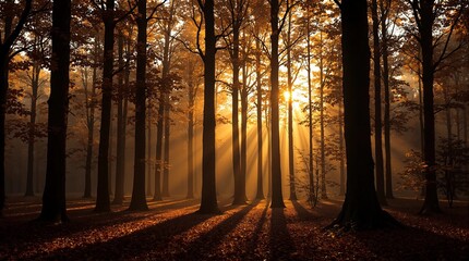 Breathtaking autumn forest landscape with golden sunbeams shining through tall trees