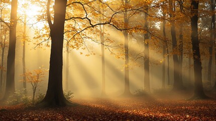 Experience the magic of golden autumn light filtering through a serene forest scene