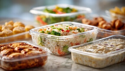 Several clear plastic containers are filled with various prepared foods, showcasing a diverse assortment of healthy meal options for convenient consumption and easy storage.