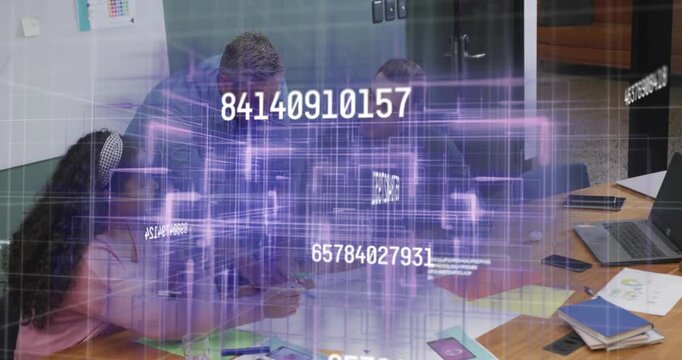 Male mentor leaning and pointing, business team reviewing sheets while purple grid drifting away