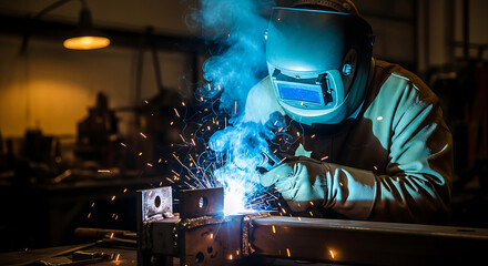 Welder wearing a mask performing welding in a dark workshop with bright blue sparks