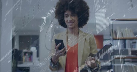 Office woman scrolling phone activating charts holding folder checking business metrics looking up