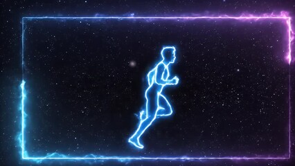 Glowing neon silhouette of a running man in a futuristic digital space frame - Powered by Adobe