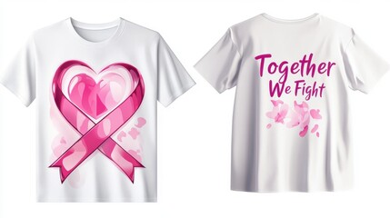cancer awareness, featuring a gradient pink ribbon blending into a symbolic heart, with an empowering "Together We Fight" message on the back, on a white background