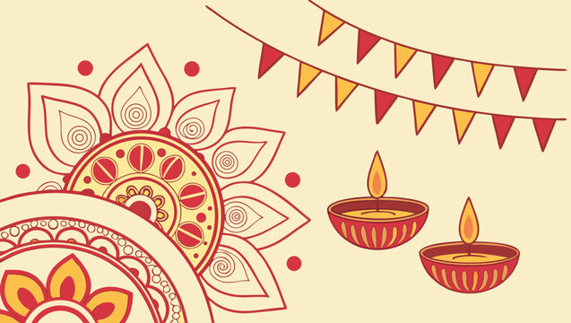 Happy Diwali festival background with glowing diyas, golden lights, and mandala patterns, designed for festive banners, posters, flyers, and website headers to celebrate the festival of lights - Powered by Adobe