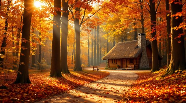 Stunning autumn cabin retreat in golden forest light for cozy seasonal getaway vibes