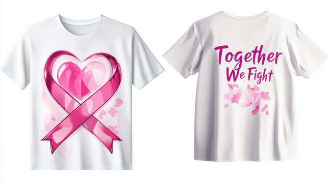 cancer awareness, featuring a gradient pink ribbon blending into a symbolic heart, with an empowering "Together We Fight" message on the back, on a white background
