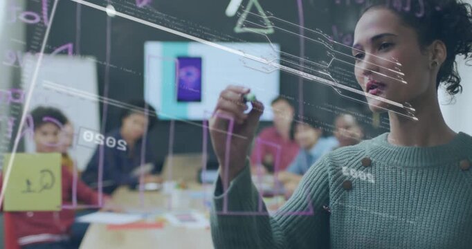 Leader starting business meeting at glass, drawing timeline and moving bars while team using laptop